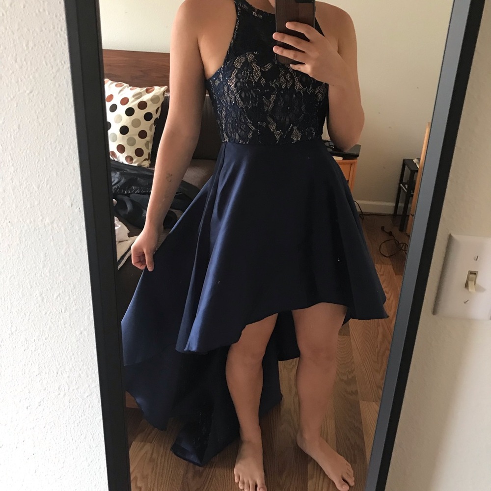 Navy Blue Racer Back Train Prom Dress